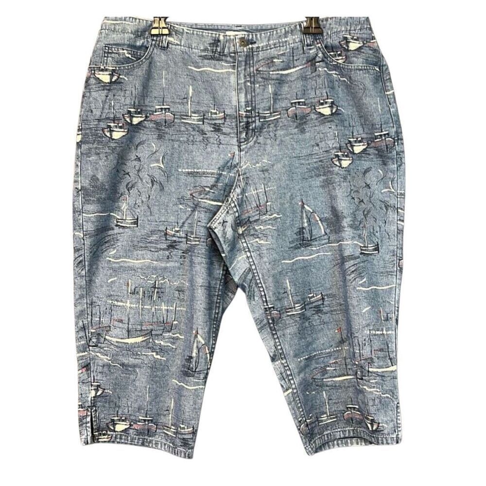LIZ CLAIBORNE Capri Pants Women's Large‎ Blue Michaela High-Rise Sailboat Print